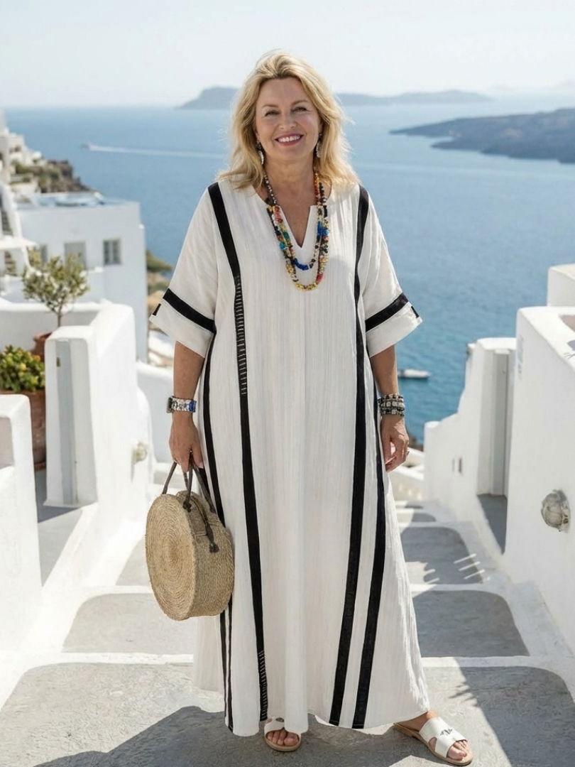 Elvienne | Ριγέ μάξι φόρεμα color block με κοντό μανίκι