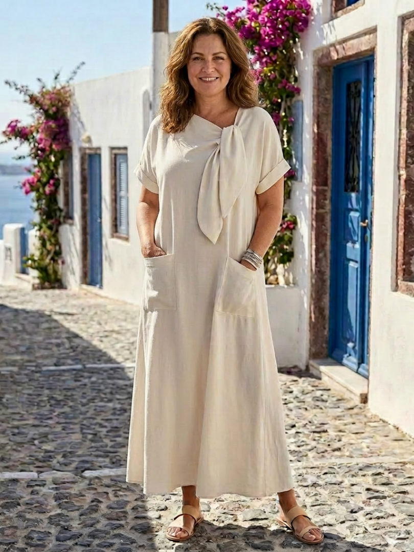 Elowyn | Μάξι φόρεμα με στρογγυλή λαιμόκοψη, κοντά μανίκια και τσέπες