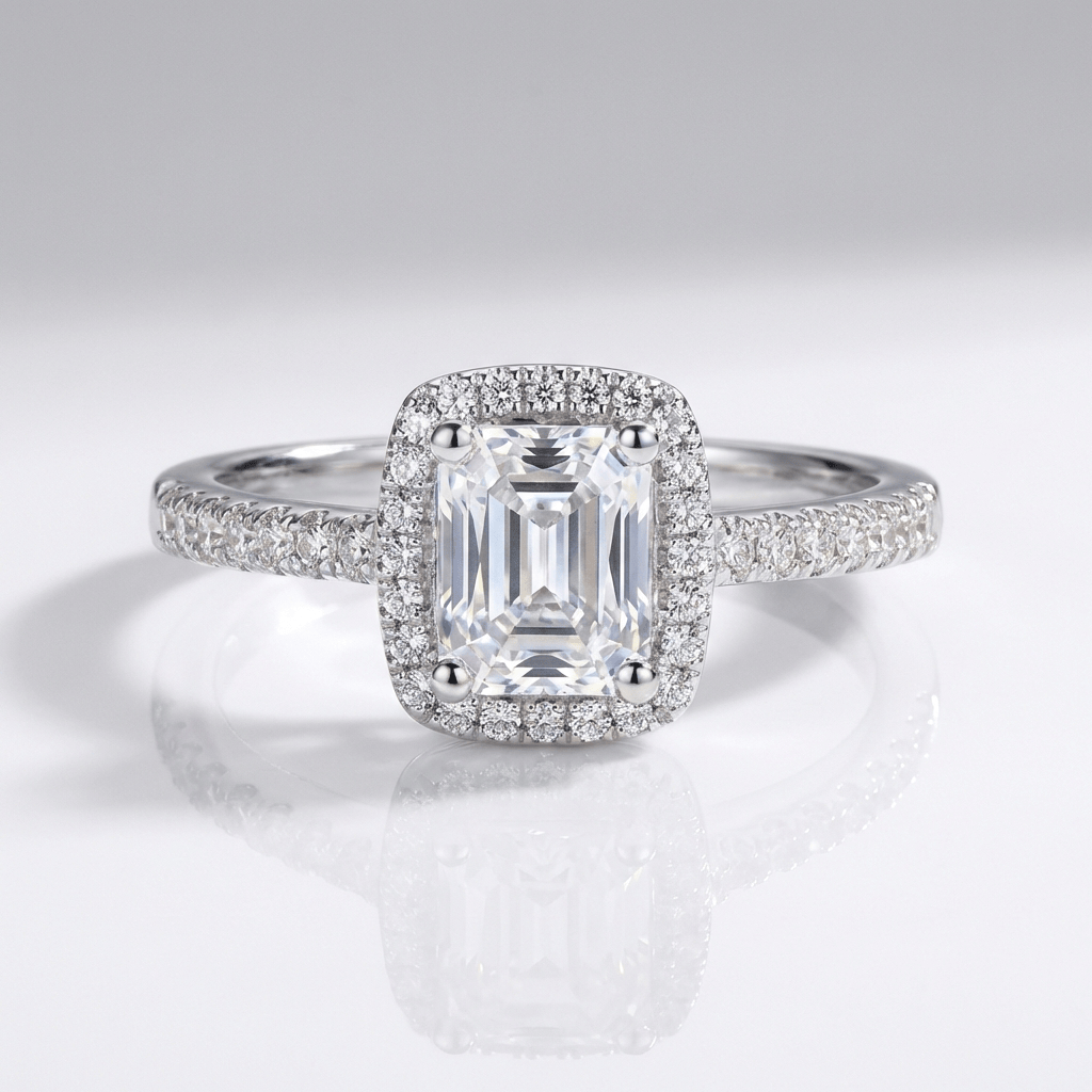 Ασημένιο δαχτυλίδι Halo με ζιργκόν κοπής Emerald