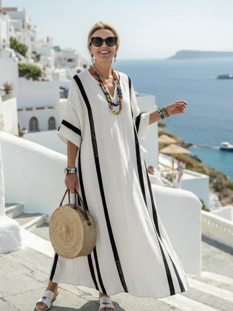 Elvienne | Ριγέ μάξι φόρεμα color block με κοντό μανίκι
