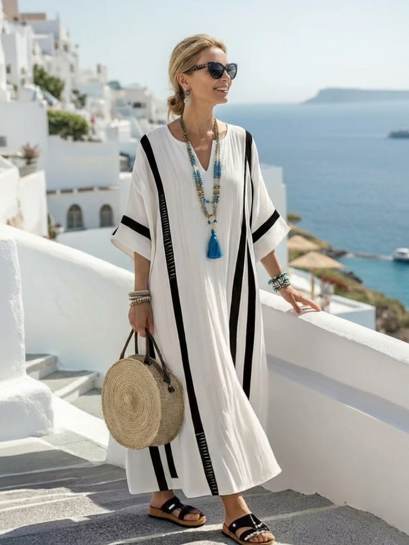 Elvienne | Ριγέ μάξι φόρεμα color block με κοντό μανίκι