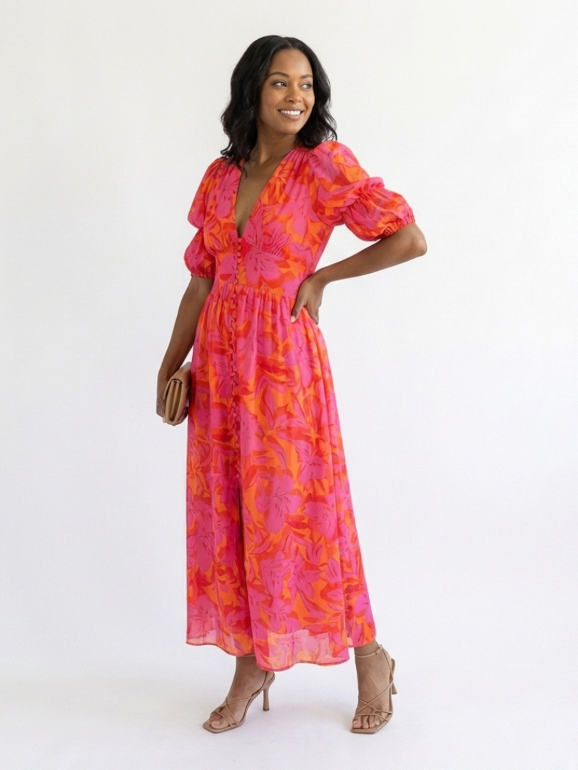 Willow | Φλοράλ μίντι φόρεμα με V λαιμόκοψη και φουσκωτά μανίκια