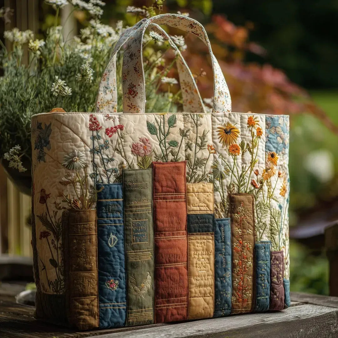Quilted Tote Bag - Books and Flowers Collection