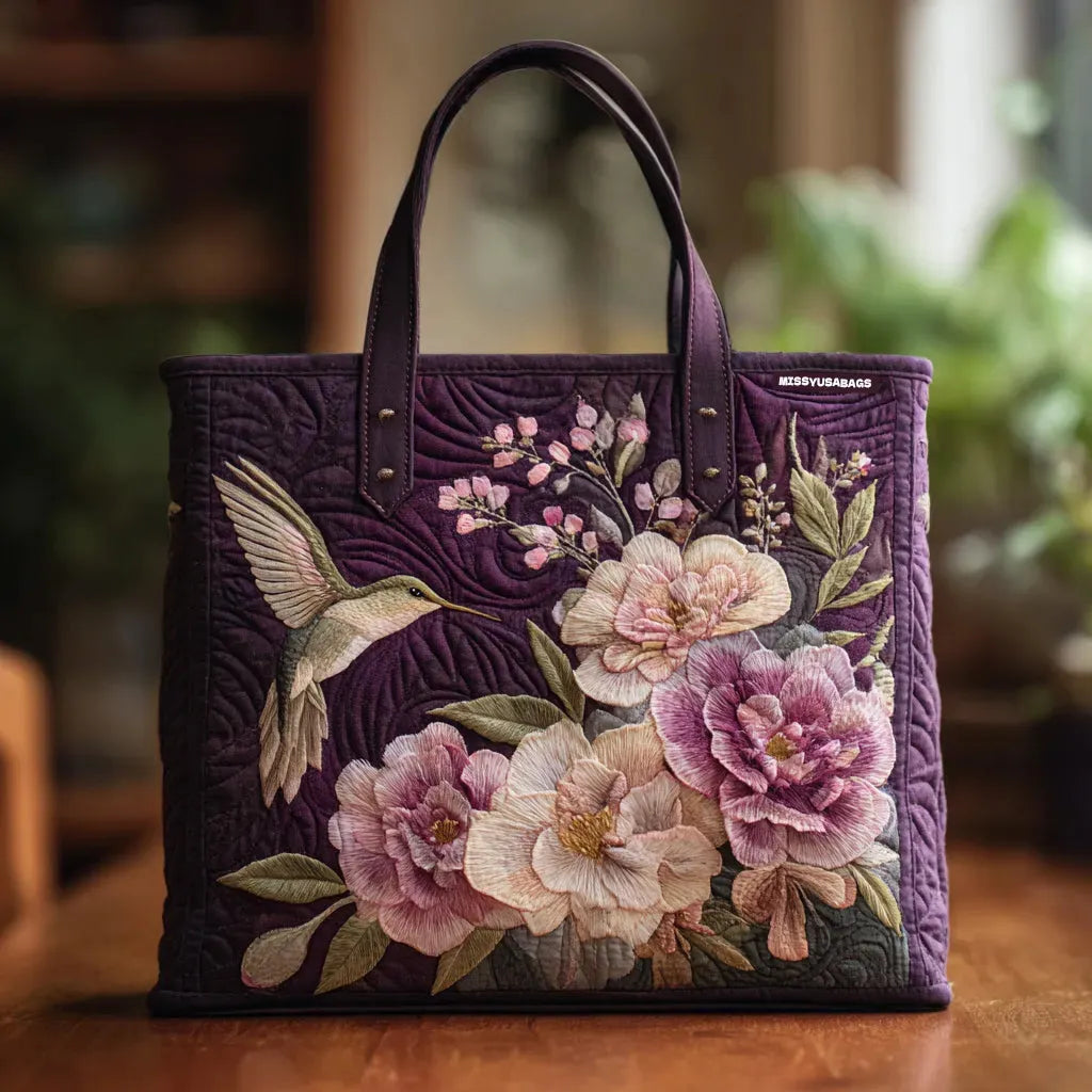 Quilted Purple Bag with Hummingbirds and Orchids