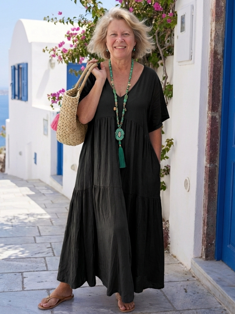 Zinnia | Μπλε μάξι φόρεμα με κλιμακωτά βολάν και κοντά μανίκια