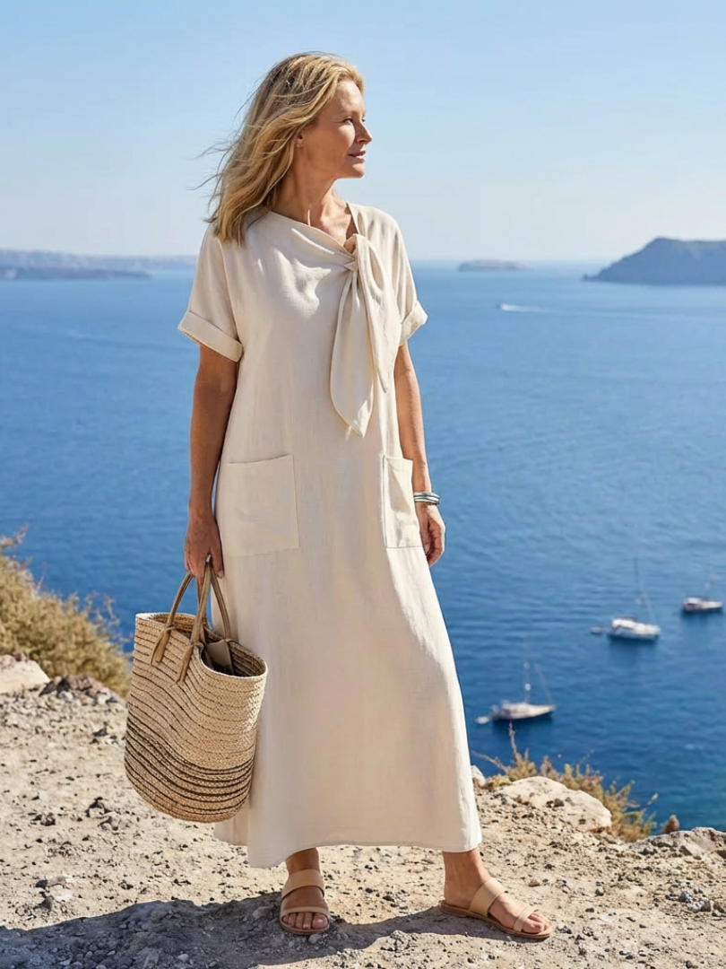 Elowyn | Μάξι φόρεμα με στρογγυλή λαιμόκοψη, κοντά μανίκια και τσέπες