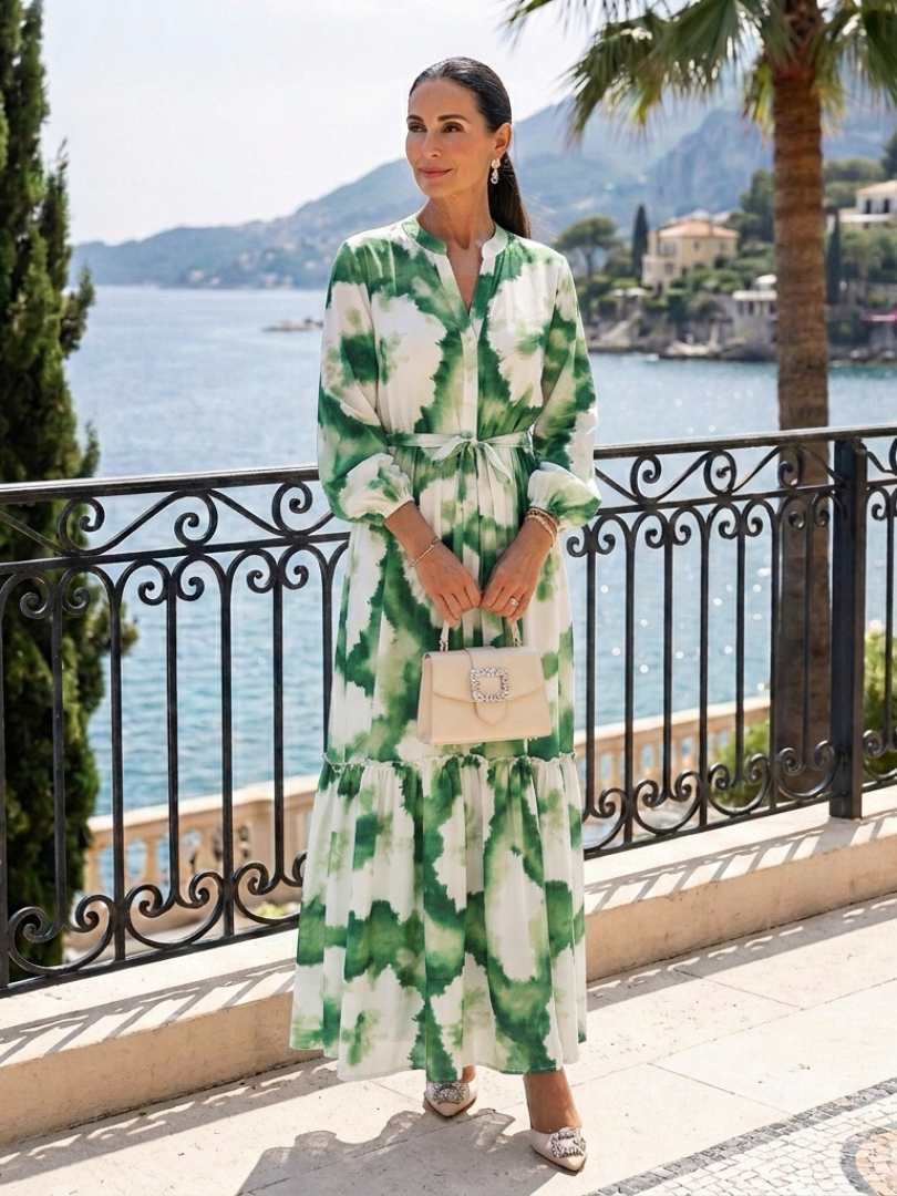 Sabine | Maxi Φόρεμα με Κλιμακωτά Βολάν, Μακρύ Μανίκι και Δέσιμο στη Μέση