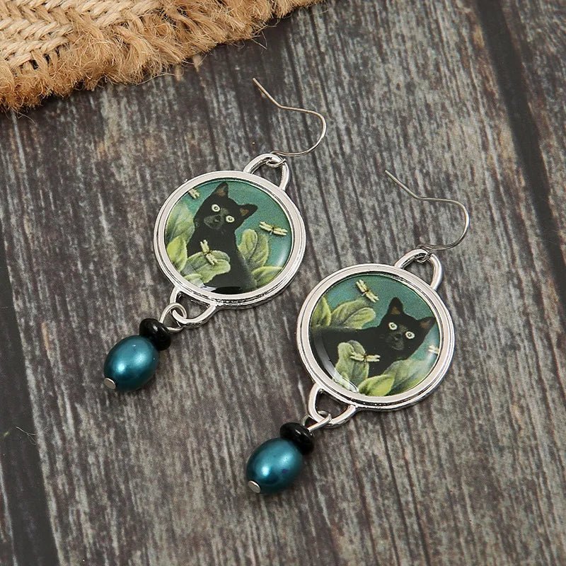 Vintage Tropical κρεμαστά σκουλαρίκια μαύρη γάτα